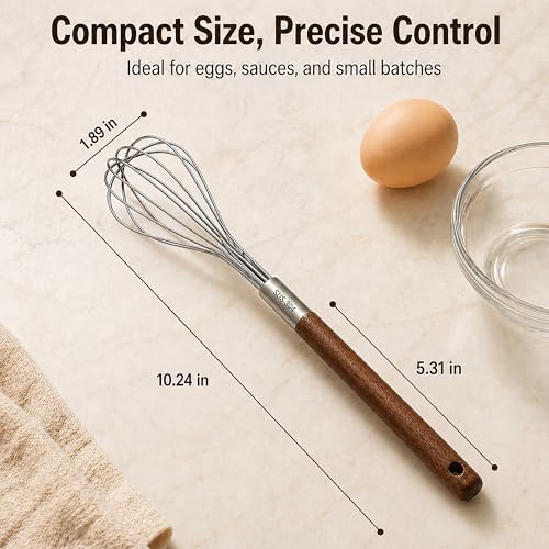 Mini Whisk 10 Inch, 304 Stainless Steel Small Wire Whisk with Walnut Wood Handle, Hand Egg Beater for Cooking, Baking, Mixing Eggs, Coffee, Sauces, Dressing and Gravy, 1 Count - view 2