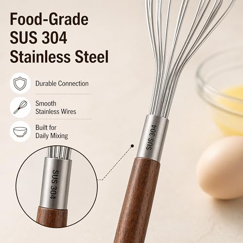 Mini Whisk 10 Inch, 304 Stainless Steel Small Wire Whisk with Walnut Wood Handle, Hand Egg Beater for Cooking, Baking, Mixing Eggs, Coffee, Sauces, Dressing and Gravy, 1 Count - view 3
