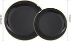 KIRE 100PCS Black and Gold Plates - Black Plastic Plates Disposable with Gold Rim for Halloween Party/Wedding/Birthday Include 50Pcs 10.25inch for Dinner and 50Pcs 7.5inch for Dessert/Salad