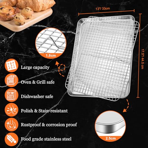 Half Sheet Baking Pan & Wire Rack, 17.5" x 13" Large Stainless Steel Cookie Sheets with Cooling Rack Set, Nonstick & Oven Safe Commercial Baking Tray Pans - 4 Pack - view 2