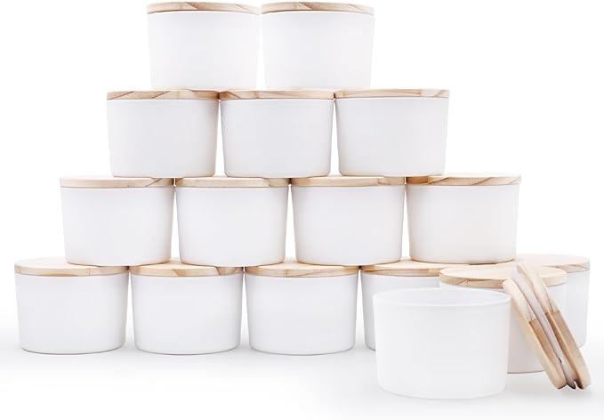 SHOWIN Thick Candle Jars for Making Candles 16 Pcs, 4 OZ Empty Jars with Wood Lids for Candle Making, Sample Container - Dishwasher Safe,Matte White