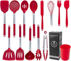 Silicone Kitchen Tools - Non - Stick, Anti - Slip, High - Temperature Resistant, Scald - Proof 14 - Piece Set with Stainless Steel Tube Handles & a Storage Bucket (Red)