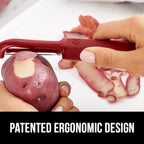 GORILLA GRIP Patented BPA-Free Sharp Stainless Steel Dual Swivel Vegetable Peeler, Soft Comfortable Handle, Smoothly Peel Apples, Potatoes, Carrots, Includes Blade Cover, Kitchen Tool Peelers, Red
