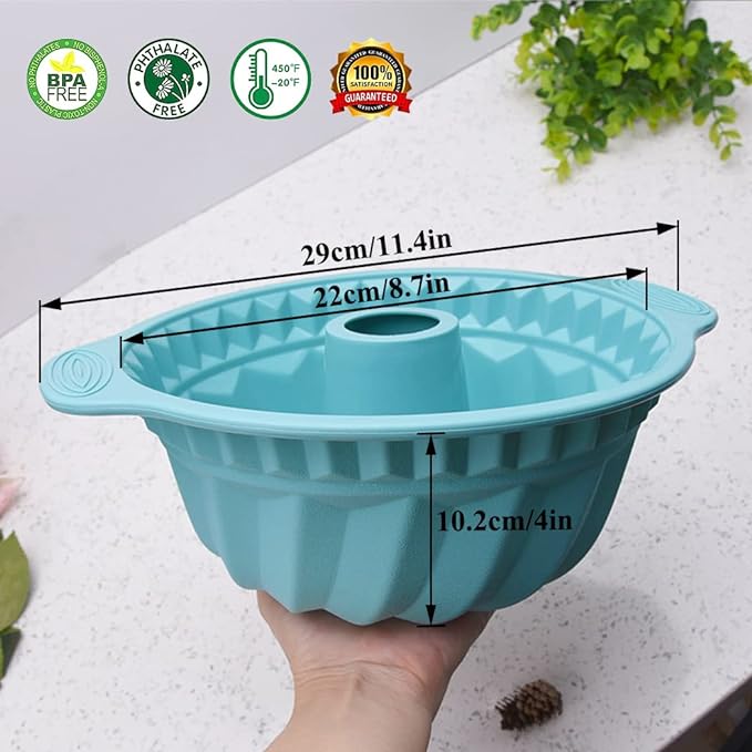 Kenond Silicone Fluted Pans, Non-stick with Sturdy Handle, Baking Molds, Perfect Bakeware for Cake, Jello, Gelatin, Bread, Para Gelatinas, 9.5 Inch (Blue)