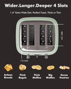 LONGDEEM Retro 4-Slice Toaster 1.6" Wide Slots - 6 Toast Settings with Bagel Function, Stainless Steel Body, Defrost/Cancel Button & Crumb Tray, Vintage Green