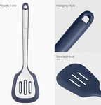 600ºF Heat Resistant Silicone Turners: U-Taste 13.6in Long Solid & Slotted Kitchen Spatula Flipper, Food Grade Wide & Large Flexible Cooking Utensils for Flipping Eggs, Pancakes (Midnight Blue, 2PCS)