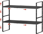 2Pack Expandable Cabinet Shelf Organizers, Stackable Metal Shelves Extender for Kitchen Countertop Storage, Adjustable Spices Shelves Rack Stand for Cupboard Pantry, Black