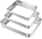 TeamFar Baking Pans Set of 3, Stainless Steel Deep Cookie Cake Pan for Home Baking, 12.5/10.5/9.4” Rectangle Bakeware Set for Bread/Casserole/Lasagna, Healthy & Sturdy, Dishwasher Safe