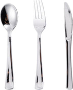 N9R 300PCS Silver Plastic Silverware Set, 100 Forks, 100 Spoons, 100 Knives, Heavy Duty Disposable Cutlery for Parties, Fancy Disposable Flatware for Weddings, and Daily Use
