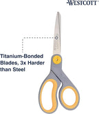 Westcott 8-Inch Titanium-Bonded Scissors with Adjustable Glide Feature for Office and Home - Gray/Yellow