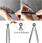 Cooking Tongs 9 inches and 12 inches Stainless Steel Kitchen Silicone Serving Tong Heat Resistant Meat Turner Spatula Tongs with Locking Handle Joint