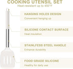 E-far Silicone Cooking Utensils Set, 7 Pcs Heat Resistant Kitchen Utensils with Stainless Steel Handle, Slotted Turner, Spoon, Soup Ladle, Pasta Server, Skimmer, Tongs for Nonstick Cookware, White