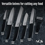 Vos Ceramic Knife with Peeler, Knives Set For Kitchen, Ultra Sharp Kitchen Knife Set with Covers, 4" 5" 6" 7" 8" Paring, Chef Knife, Santoku & 2 more, Lightweight, Dishwasher safe (Black)