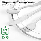 FOCUSLINE 300 Pack 6.8" Disposable Silver Plastic Spoons, Solid and Durable Plastic Cutlery Spoons, Heavy Duty Disposable Utensil Silverware for Catering, Parties, Dinners, Weddings