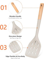 Pack of 2 Silicone Spatula, Non Stick Cooking Utensil Set Wooden Handle Kitchen Turner for Baking Mixing Grilling Serving Food Heat Resistant Non Scratch Hooks Included (Khaki)