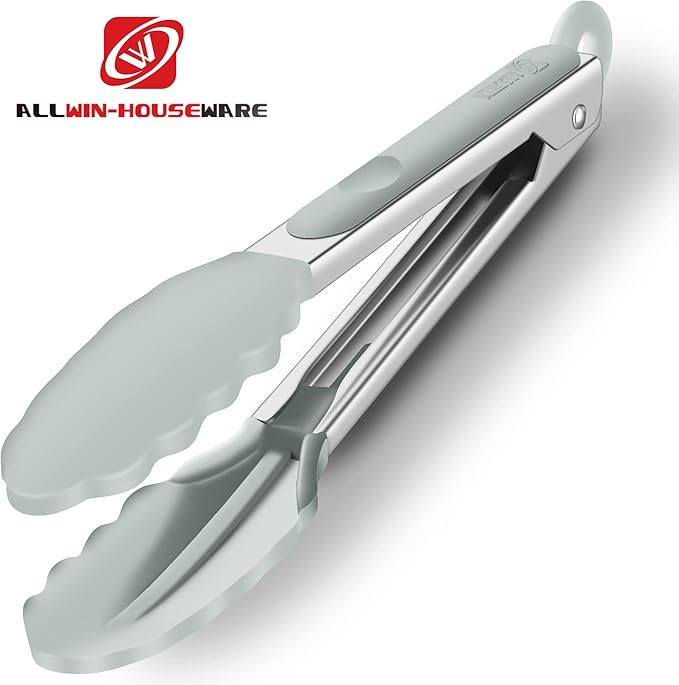 2 Pack Warm Grey Kitchen Tongs, Premium Silicone BPA Free Non-Stick Stainless Steel BBQ Cooking Grilling Locking Food Tongs, 9-Inch & 12-Inch