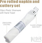 N9R 50 Pack Pre Rolled Silver Plastic Cutlery Set, 50 Forks, 50 Knives, 50 Spoons, 50 Napkins, Disposable Cutlery Set for Party and Wedding