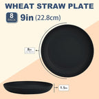 Wrova Wheat Straw Plates - 9 Inch Unbreakable Dinner Plates Set of 8 - Dishwasher & Microwave Safe Plastic Plates Reusable - Lightweight Plate for kitchen,camping (pure black)