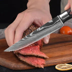 Majesty Series Professional Steak Knife Set with Damascus Pattern - Razor Sharp Serrated Stainless Steel with Wooden Handle (Set of 6 Steak Knives)