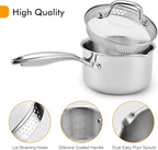 Tri-Ply Stainless Steel Sauce Pan with Steamer Basket & Straining Glass Lid — Heavy-Duty, Thick Base,Rust-Resistant,Warp-Free —100% Food-Grade —Built to Last– Works with All Stovetops, Pasta Pot 2 QT