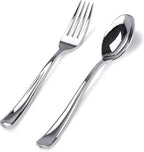 BUCLA 200 Pieces Silver Plastic Silverware - Heavy Duty Disposable Cutlery set - 100 Silver Plastic Forks, 100 Disposable Spoons for Catering, Parties, Dinners, Weddings and Christmas