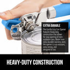GORILLA GRIP Heavy Duty Stainless Steel Smooth Edge Manual Can Opener and Bottle Openers, Soft Comfortable Handle, Oversized Handheld Turn Knob, US Designed Multifunctional Kitchen Tool, Aqua