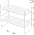 Expandable Cabinet Storage Shelf Stackable Organizer Rack for Kitchen Bathroom Pantry Spice Cupboard Coffee Countertop Home Office Desk Heavy Duty Nonslip White Small 2 Packs