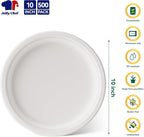 JOLLY CHEF Compostable Heavy Duty Plates 𝟭𝟬 𝗜𝗻𝗰𝗵 [𝟱𝟬𝟬 𝗣𝗮𝗰𝗸] Eco-Friendly Disposable White Paper Plates Made of Bagasse Biodegradable Bulk for Party Dinner Sugarcane Thanksgiving Day