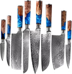 Epicurean Cook Tidal Collection 8 PCS Damascus Knife Set Japanese Kitchen Knives with VG10 Steel Core Ultra-Sharp Professional Chef Knife Set with Elegant Box and Blue Resin and Burl Wood Handles