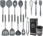 Silicone Kitchen Tools - Non - Stick, Anti - Slip, High - Temperature Resistant, Scald - Proof 14 - Piece Set with Stainless Steel Tube Handles & a Storage Bucket (Gray)