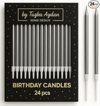 by Tugba Aydan - Silver Birthday Candles - 24 Count Long Thin Silver Birthday Candles for Cake, Metallic Cake Candle for Birthday, Party Candles