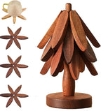 Natural Wood Tree Trivet Set, 𝐍atural Tree Trivet Set - 4 Wooden Trivets,4 Wooden 𝐓rivets & 1 Stand Like a Christmas Trees,for Hot Dish,Pot,Bowl,Teapot,Hot Pot Sets (Walnut Finish 3 Trivets,3set)