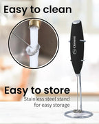 Elementi Milk Frother Wand & Drink Mixer with Stand - Turbo Milk & Coffee Frother Handheld - Hand Held Coffee Mixer Wand & Cold Foam Maker for Frothy Cappuccinos, Lattes & Drink Mixes at Home (Black)