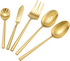 DEACORY Silverware Set with Serving Utensil Set Matte Gold Flatware Set Hand Forged Stainless Steel Cutlery Set 45 Pieces Matte Finished Hexagon Handle Service for 8, DE1004