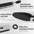 9 Pieces Silicone Tongs for Cooking 7,9,12 inches Kitchen Tongs with Silicone Tip Stainless Steel Heat Resistant Cooking Tongs for Food Grill Salad BBQ Frying and Serving, Black