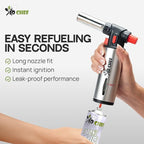 Jo Chef Kitchen Torch with Butane Included – Refillable Lighter with Safety Lock & Adjustable Flame, Blow Culinary Torch for Cooking, BBQ, Creme Brulee, DIY and Soldering - 1 Can (3.38oz) Included