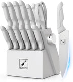 imarku® 14-Piece Kitchen Knife Set with Block and Sharpener, Professional Stainless Steel with Non-Slip Ergonomic Handle, Dishwasher Safe, Home Essential, Gray-White