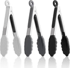 7-Inch Silicone Tongs Pack of 3, Small Tongs with Silicone Tips for Cooking, Barbecue, Buffet Serving (7", Black/Grey/White)
