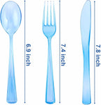 WDF 180 Pieces Blue Plastic Silverware Disposable - Clear Blue Cutlery Sets 60 Forks, 60 Knives and 60 Spoons - Heavy Duty Utensils for Party, Wedding, Graduation