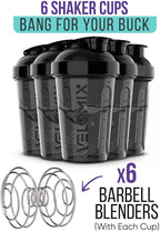 VELOMIX -6 PACK- Shaker Cups for Protein Shakes 20 oz - 6x Wire Whisk | Leak Proof Protein Shaker Bottle for Protein Shakes, Shaker Bottle Pack for Pre & Post Workout, Shaker Cup (ALL IN BLACK)