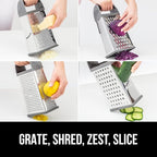 GORILLA GRIP 4-Sided 100% BPA-Free Cheese Grater With Container, Stainless Steel XL Box Graters, Parmesan Shredder, Grate Cheeses, Shred Veggies, Slip Resistant Handle, Dishwasher Safe Zester, Gray