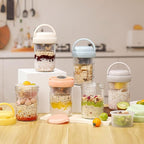 4 Pack Overnight Oats Containers with Lids and Handles, Folding Spoons & Divided Compartments for Fruit & Nuts, 16oz Glass Mason Jars for Oatmeal, Meal Prep & Breakfast (Blue/Green/Yellow/Green)