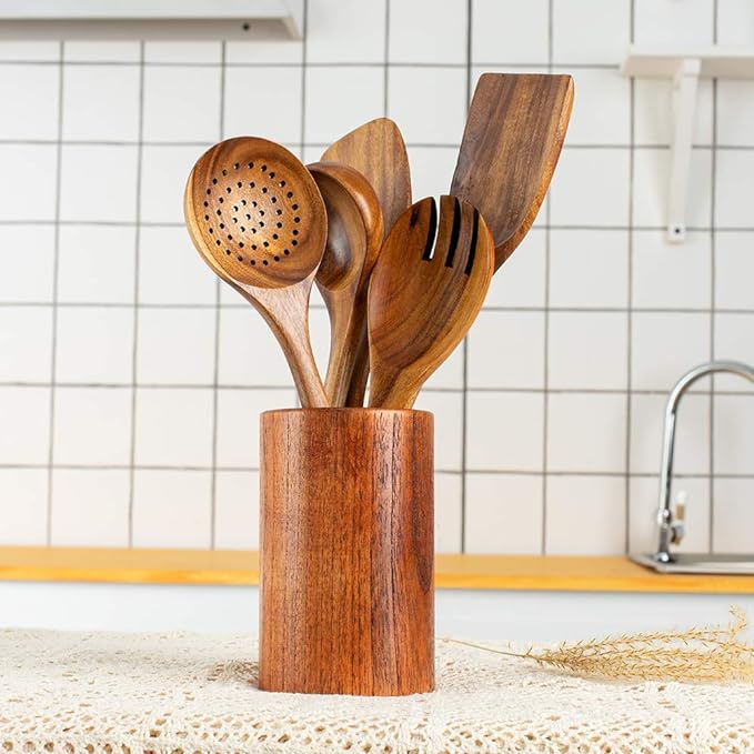 Wood Kitchen Utensils Set, 5 PCs Natural Acacia Wooden Spoons For Cooking for Non-stick Skillet, Utensil set For Cooking With Soup Ladle and Wok Spatulas, Salad fork, Spurtles for Cooking