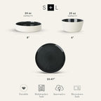 Stone Lain Elica 12-Piece Modern Dinnerware Set Stoneware, Plates and Bowl Sets for 4, Black and Beige