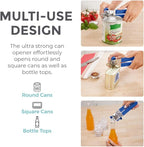 Kitchen Genie Slip Resistant Stainless Steel Manual Can Opener, Sharp Blade for Smooth Edge Cuts, Easily Open Cans, Ergonomic Handles with Easy to Turn Knob, Built-In Bottle Openers, Cobalt Blue