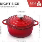 Trustmade 3 QT Cast Iron Dutch Oven, Enamel Coated Cookware Pot with Self Basting Lid for Home Baking, Braiser, Cooking, Red