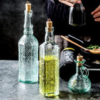 Bormioli Rocco Set Of 2 Country Home Helios Oil Bottle, 8-ounce With All Natural Cork Lid, Blue-green Tinted Star Glass, Elegant And Floral Design Made In Italy.