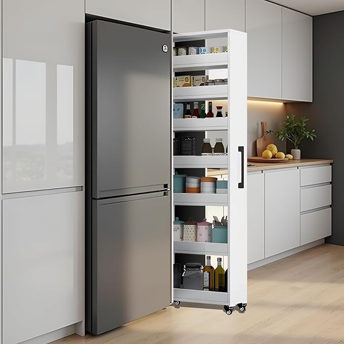 7-Tier Slim Storage Cart, Wooden Rolling Pantry Cabinet with Wheels, Narrow Shelf Organizer for Kitchen, Bakers Rack, Dining Room, Closet, Small Spaces Gray 47.2" H*9.8" W*23.6" D