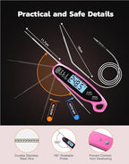 Instant Read Meat Thermometer Digital for Cooking & Grilling with Dual Probe, Big Backlit Screen & Auto-Calibration, Food Thermometer for Grill, Smoker, BBQ, Oven, Candy, Oil Fry - Pink