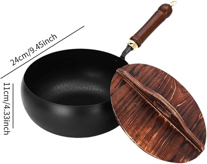 Jinswhdre Cast Iron Skillet, 9.5/11in Jinswhdre Japanese Irons Pan, Hand Forged Uncoated Iron Pan with Lid Spatula, Non-stick Wok for Cooker Gas Stir Fry Pans Durable and Rust-Free (No Lid,9.45in)